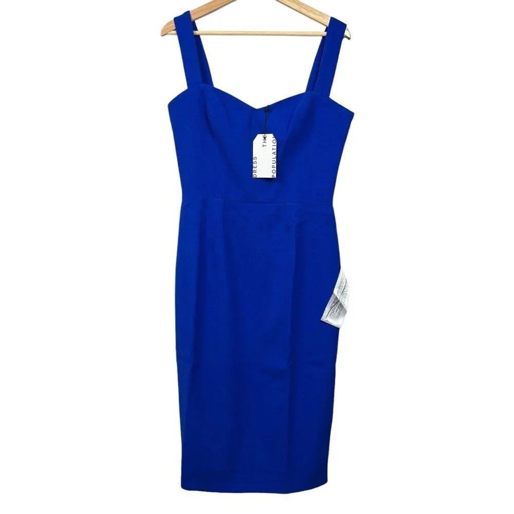 Dress The Population Blue Sheath Dress V Neck Size Large Stretch NWT